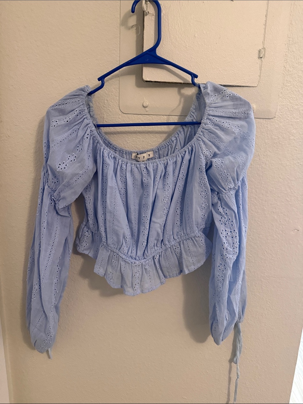HYFVE Light Blue Eyelet Peasant Blouse - Long Puff Sleeve Top